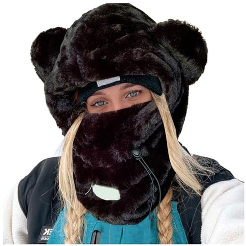 Rrongwn Damen Winter 3 In 1 Mütze Schal Handschuh Sets Kapuzenschal Mit Handschuhen Bärenohren Katzenohren Polarfleece Versteckter Tasche Erwachsene Wintermützen