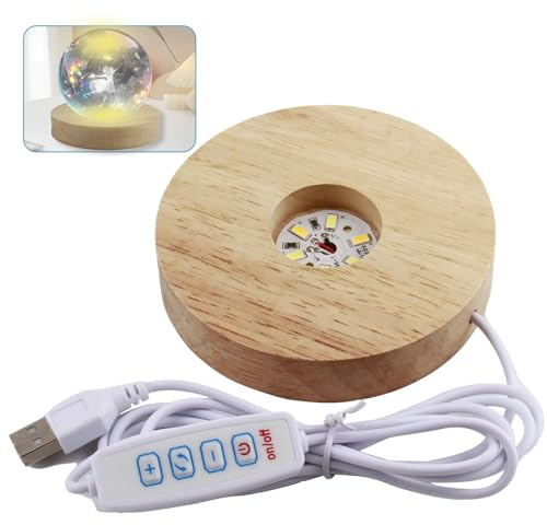 Wooden LED Light Display Base Stand 10CM, USB Round Light with 3 Modes Warm White Neutral, for Crystal Glass Resin Art Jewelry Acrylic