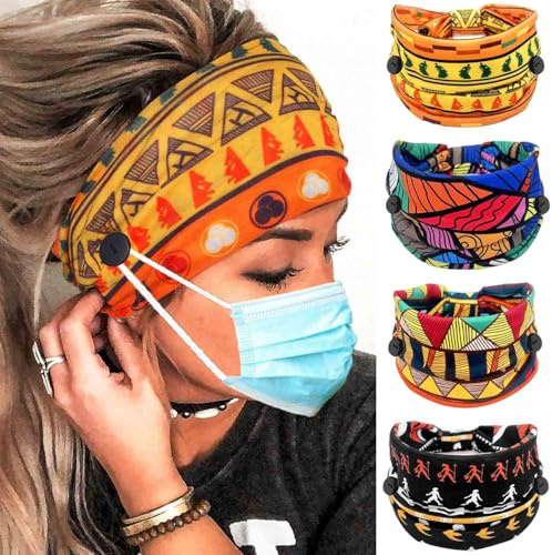 Olbye Wide Buttons Headband Nurse African Head Wraps Face Mask Headbands Elastic Knotted Turban Hairbands Workout Yoga Hair Scarfs Nursing Boho Hair Accessories for Women 4Pcs (Print A, 5.9 * 9.8'')