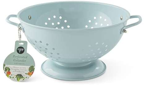 CORE HOME 3 Quart Perforated Colander - French Blue Enamelware Strainer with Base and Handles for Washing Fruits, Vegetables, and Pasta