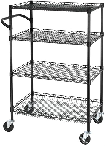 Finnhomy Robuster Rollwagen mit 4 Etagen, kommerzielle Qualität, mit Lenker, Metalldraht, Universalwagen mit Rollen, Regalgröße 45,7 cm D x 76,2 cm B, NSF-gelistet, Schwarz