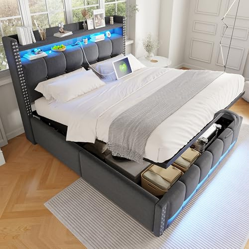 Rtopsu Letto Matrimoniale Imbottito 140x200 cm con USB-C e Luce LED, Letto una Piazza e Mezza con Contenitore Idraulico e Testiera, Letti con Rete a Doghe, Lino, Grigio, Senza Materasso