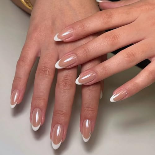 24PCS Medium Press on Nails Almond - French Tip Nude & White Fake Nails Designs, 12 Sizes Nude French Manicure Stick on Nails for Women, Removable Full Cover DIY Nail Art - Small Gift for Girls