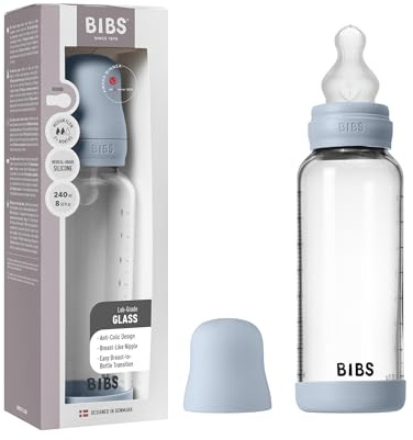 BIBS Baby Glass Bottle. 240ml Biberon en verre. Anti-colique. Embout rond en Silicone. Favorise l’allaitement naturel, 240ml, Complete Set - Baby Blue
