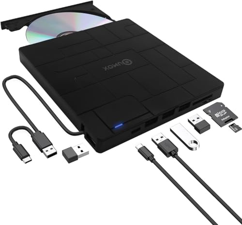 QUMOX Graveur DVD/CD Externe 8-en-1 USB 3.0 avec USB-C, 3 Ports USB, Lecteurs Cartes SD/TF, Graveur CD/DVD Slim pour Ordinateur Portable, Windows 11/10/8/7, Linux, Mac OS