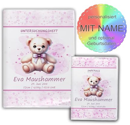 Personalisierte U-Heft Hülle & Impfpasshülle Set, 2-Teilig, Bär rosa | 3-teilig verfügbar, mit Name, mit Geburtsdaten, Geschenk zur Geburt