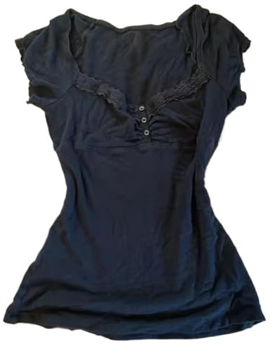 T-shirt i e-girl-stil, med spetskant, kort topp i sagolik grunge-stil, vintageinspirerad tröja med rund halsringning, gotisk estetik, coquette-inspirerad topp, marinblå, S