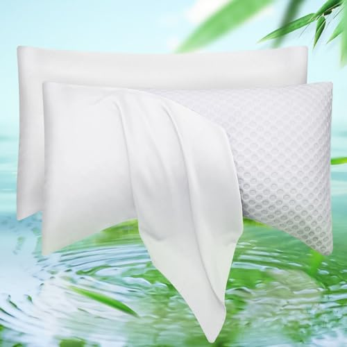 Cooling Side Sleeper Pillow Cases Queen Size Set of 2 - Curved Rayon Derived from Bamboo Pillowcase Cover- Breathable Cool Silky Soft Pillowcase for Hot Sleepers Hair and Skin 20 * 30 Inches White