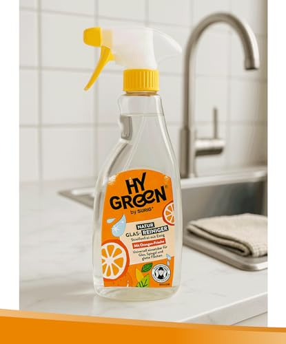 HyGreen Natur Glas- Reiniger mit Orangen-Frische 500 ml | 100% pflanzlich, vegan | Streifenfrei gegen Glas, Spiegel und glatte Flächen | Umweltfreundlicher Haushaltsreiniger