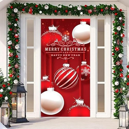 Decoración navideña para puerta, cubierta de puerta de Feliz Navidad, 6.6 x 3 pies, telón de fondo de Navidad, cartel al aire libre, patio, puerta, paredes, invierno, vacaciones, hogar, suministros de