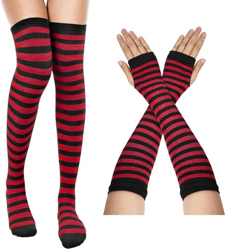 MESU Women Striped Thigh High Socks and Fingerless Gloves Set | for Cosplay Costumen
