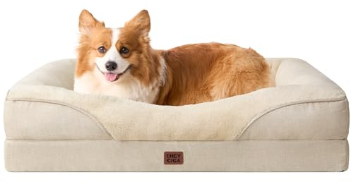 EHEYCIGA Ortopedica Cama para Perro M Plus 89x56x16.5 cm, Beige | Espuma tipo huevera y Memory Foam Sofa para Perros Lavable, Colchon Perro Impermeable con Espuma Viscoelástica, Cama Gato