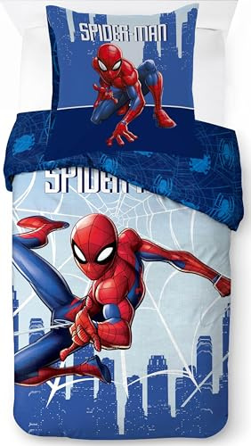 Parure de Lit Spiderman Marvel pour Enfant, Housse de Couette Réversible 140x200 cm, Taie d'oreiller 65x65 cm, 100% Coton (Parure de lit Spiderman)