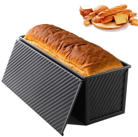 WOPPLXY 1000g Pullman Loaf Tin with Lid for Bread Baking | Non Stick Carbon Steel Bread Tin Loaf Pan , 32 x 12 x 11 cm Corrugated Toast Box With Slide Cover, Black