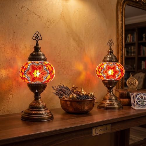 2X Turkish Moroccan Mosaic Table Lamp Stained Glass Bedside Light with 3 Color Options LED Bulb (Red and Orange)