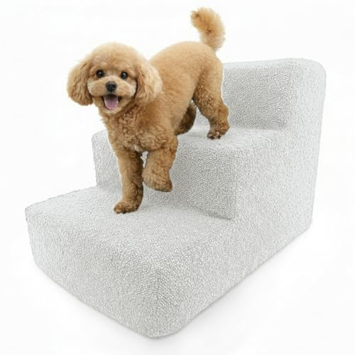 Muralo Hundetreppe 3 Stufen 30 cm, rutschfest, Wasserabweisend - Creme | Haustiertreppe für Kleine Hunde und Katzen, Belastbar bis 17 kg, Waschbarer Bouclé Bezug, Einstiegshilfe für Sofa, Bett