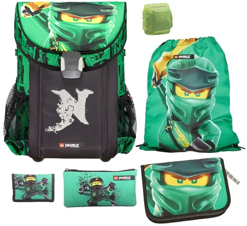 Familando - Schulranzen Set 6-teilig mit Federmappe - Ninjago Grün - Ergonomisch, stabil & mit gepolstertem Rücken - 790g leicht mit 16L Volumen - wasserabweisend und mit Reflektoren - Ab 1. Klasse