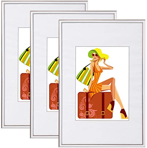 WOLTU Bilderrahmen 28x35, 3er set, Kunststoff Fotorahmen mit Passepartout | Silber, Posterrahmen New Lifestyle für Poster, Fotos, bruchsichere PS-Platte, aufhängbar u. aufstellbar, Collage-Wanddeko