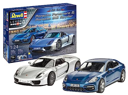 Revell Modellbausatz Porsche Set I Modellbausätze für 918 Spyder & Panamera II I Originalgetreue Karosserien I Mehrteilige Motoren I 2 Modelle, Farben, Pinsel & Kleber enthalten