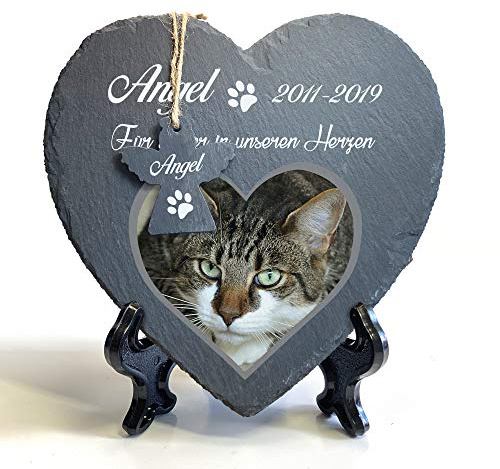 TULLUN Individueller Personalisiert Groß Herzform und Engel Tiergrabstein Schiefer Gedenkstein + Ständer für Hund, Katze und andere Haustiere Tiere - Größe | 25 x 25 cm | - Foto