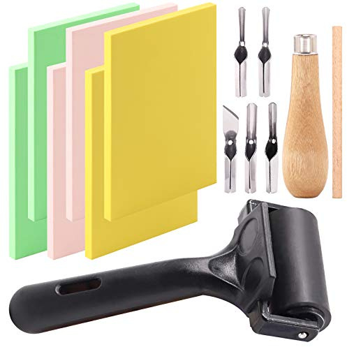 Keadic Kit di 12 blocchi in gomma morbida, viene fornito con strumenti per tagliare linoleum e rulli in gomma da 5 cm, rullo per colla per inchiostro, blocchi di vernice, stampaggio, carta da parati e