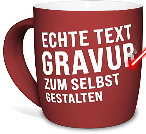 Tasse mit Gravur selbst gestalten - mit eigenem Spruch oder Wunschname gravieren - Keramiktasse außen gummiert - Rot, 300 ml