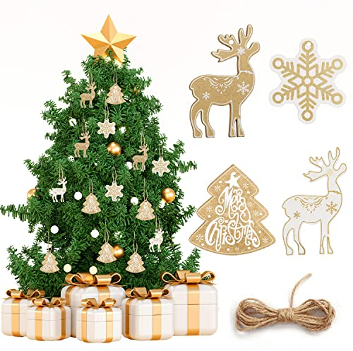 Belle Vous 24 Stück Weihnachtsschmuck aus Holz - 4 Rentiere, Schneeflocken und Weihnachtsbaum - hängende Dekoration mit Schnur - Anhänger für Weihnachtsbaum