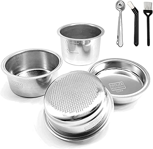 NEOUZA 51mm Stainless Steel Filter Basket 1/2/4 Cup for Espresso Bottomless Portafilter,Compatible with Delonghi,Breville 51mm Coffee Machine.Gift: Blind Filter and Scoop Clip