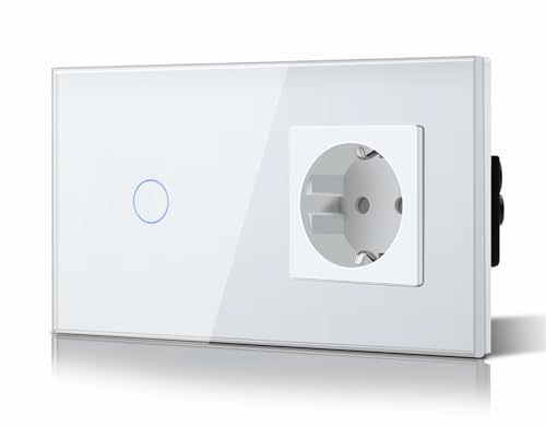 BSEED Touch Lichtschalter mit Steckdose aus Glas, Modern Steckdosen Unterputz, Wandschalter mit LED Hinterlicht (Kein Neutralleiter erforderlich), Kein WLAN, 157mm 1 Fach 2 Wege Weiß