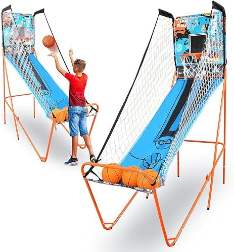 SereneLife Jeu de Basketball d'Arcade - un Seul Cerceau pour Intérieur - Tableau de Bord Électronique LED et Chronomètre de Jeu -Terrain Pliable pour Enfants et Adultes, Ballons de Basket inclus, Bleu