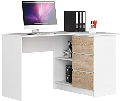 AKORD Scrivania ad Angolo B-16 con 3 Cassetti e 2 Ripiani | Scrivania ad Angolo per Ufficio in Casa | L124 x H77 x P85, 48 kg | Bianco & Rovere Sonoma Frontale