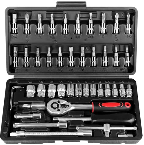 WAIZHIUA 46 Pièces Jeu de Douilles, Coffret de Douilles avec Clé à Cliquet 1/4, Embouts Courants, Barre Coulissante et Rangement pour Réparations Outillage Mecanique Auto