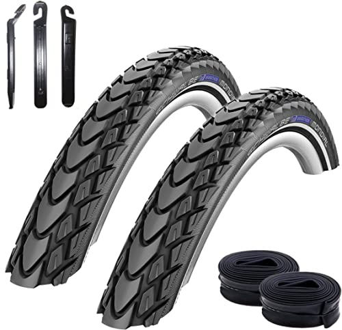 maxxi4you 2 x Schwalbe Marathon Mondial Performance Fahrradreifen RaceGuard E-50 Schwarz/Reflex 42-622 (28 x 1.60) + 2 Schwalbe DV17 Schläuche inkl. maxxi4you Reifenheber