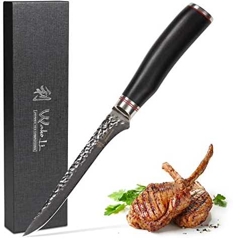 Wakoli EBO Premium Damast Ausbeinmesser mit 16,5 cm Klinge und Hammerschlag gefertigt aus 67 Lagen echtem Damaststahl mit schwarzem Eichenholzgriff I Damastmesser Küchenmesser und Profi Kochmesser