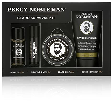 Percy Nobleman Bart-Überlebens-Set, ein Bartpflegeset mit duftendem Bartöl, Bartbalsam, Schnurrbartwachs und einem Bartenthärter
