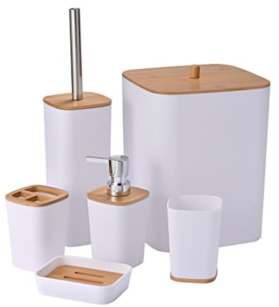 Yorkmills 6 Pieces Bamboo Bathroom Accessories set, Bathroom Accessory set | Bathroom Bin Toilet Brush Set, Toothbrush Holder Cup, Soap Dispenser With Pump, Soap Dish Holder, Trash Can