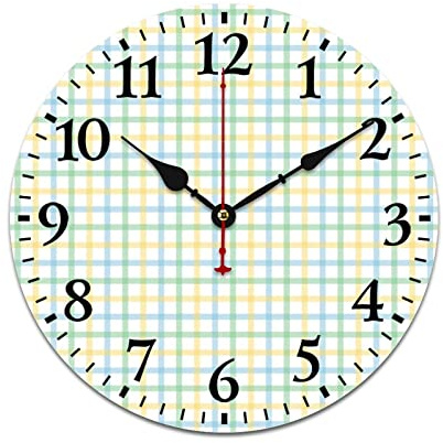 HighonHi Plaid Checkered Lattice Wooden Wall Clocks Mesh Grid Tartan Lattice Line Striped Classic Decorative Clock Silent Non Ticking Home Living Room Office Decoration Arabic Numbers 16 Inch Round