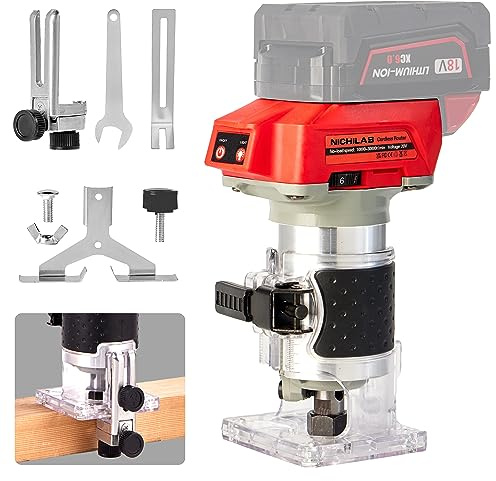 Cordless Trimmer Routers for Milwaukee M18 Battery, Woodworking Joiner, Cutting Palmming Tool 6 Speed Adjustable, LED Light, 1/4 Collet with Guide Ruler and Wheel