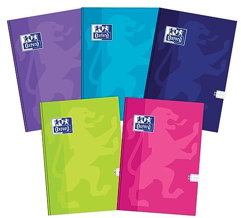 Oxford Notizbuch Kladde A4, 96 Blätter kariert, 5 Stück-Packung, Farbenmix