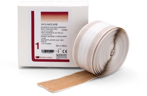 DE Healthcare Products - Wundpflaster auf der Rolle (5 m x 4 cm), atmungsaktive und zuschneidbare Pflaster mit Wundpolster, komfortable Wundpflaster, hautfarben