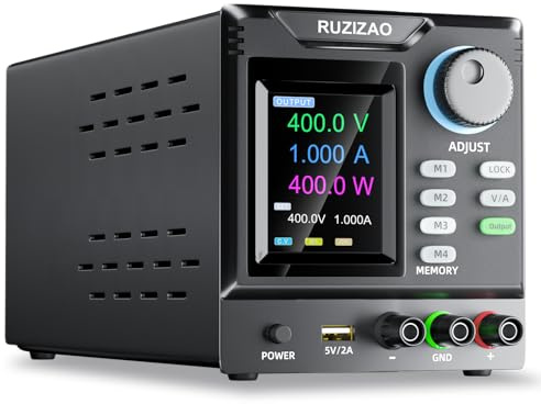 RUZIZAO Bench Power Supply Variable, 0-400V 0-1A High Voltage DC Power Supply with Memory Storage and Output On/Off Switch, Adjustable Lab Power Supplies with Encoder Knob, Lock Button, Color Display