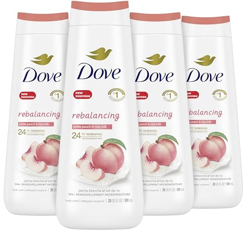 Dove Body Wash Rebalancing White Peach & Rice Milk, 4 Count for Renewed, Healthy Looking Skin, Moisturizing Gentle Skin Cleanser with 24hr Renewing MicroMoisture, 20 oz