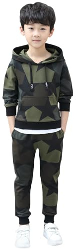 SXSHUN Jogginganzug Kinder Jungen Trainingsanzug 2tlg Sportanzug Camouflage Sport Jacke mit Kapuze Sporthose Frühling und Herbst, Grün, 122-128