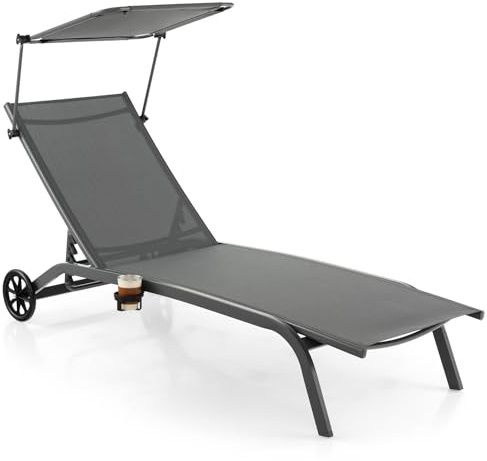 GOPLUS Tumbona con Parasol Ajustable y Respaldo de 6 Niveles | Hamaca de jardín con portavasos y ruedas para piscina, terraza, carga 150 kg (gris)