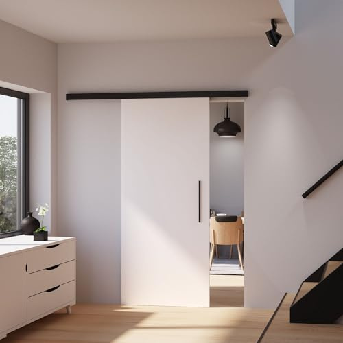 inova Holz-Schiebetür Komplettset 880 x 2035 mm weiß mit Beschlagset in schwarz mit Stabgriff + beidseitiger Softclose