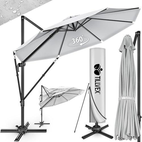 tillvex® Premium Alu Sonnenschirm 330 cm + Abdeckung & Windsicherung | Ampelschirm 6-Fach verstellbar mit Kurbel | Gartenschirm 360° Drehbar Neigbar Kippbar | UV50+ wasserdicht