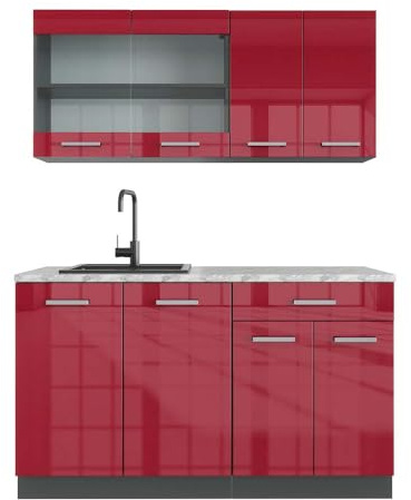 Vicco Singleküche R-Line, Rot Hochglanz, 140 cm | 4 Module · Höhenverstellbare Füße · AP Marmor inkl. · Robuste Fronten · Mit Glasschrank · Frei kombinierbar