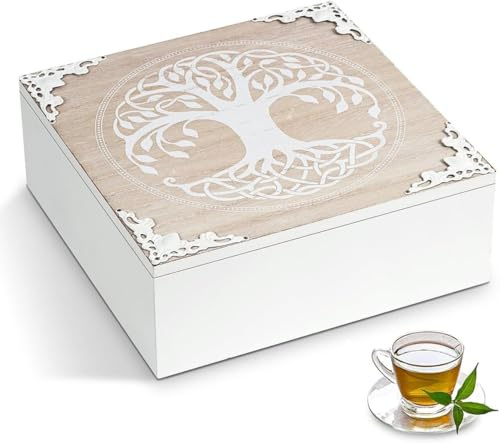 WPAJIRZO Teebox Holz Weiß mit Lebensbaum-Motiv | Teekiste 9 Fächer | Geschenkkiste Geschenkbox für Frauen, Männer, Teeliebhaber