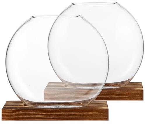 Kisangel Lot De 2 Vases en Bois Et Verre avec Base en Eucalyptus pour Plantes Dintérieur Décoration Dintérieur pour Bureau Et Jardin