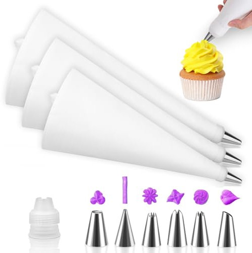 3 Stück Profi Spritzbeutel, 40/35/30 cm Wiederverwendbare Baumwolle Gebäck Spritzbeutel zum Dekorieren von Kuchen, Torten, Keks, mit 6 Stück Edelstahl Düsen